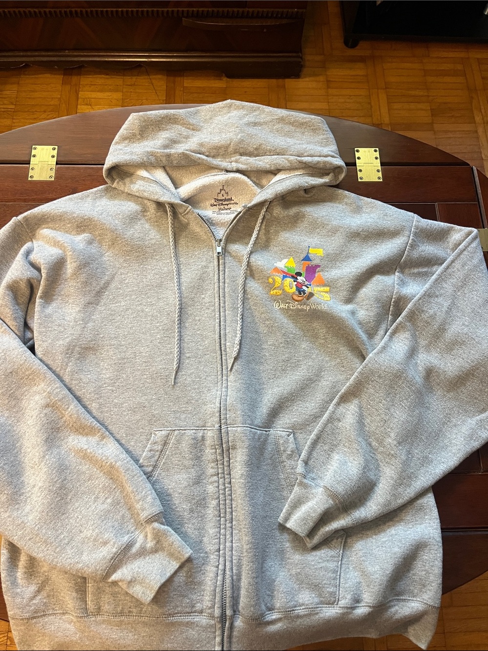 Disney Gray Zip Front Hooded Sweatshirt with Colorful Mickey Patch 2015